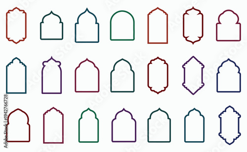 Islamic door and window vector collection, including mosque gates and window frames, ideal for eid, ramadan, diwali, and festival invitations, clean vector illustration