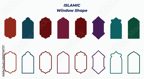 Islamic arch window frames set, pastel mihrab shapes, mosque niche silhouettes, decorative vector templates for Ramadan Eid design. Old islamic window shapes vector set in oriental style.