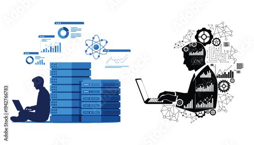 Data Scientist Silhouette Working with Laptop and Data Analytics