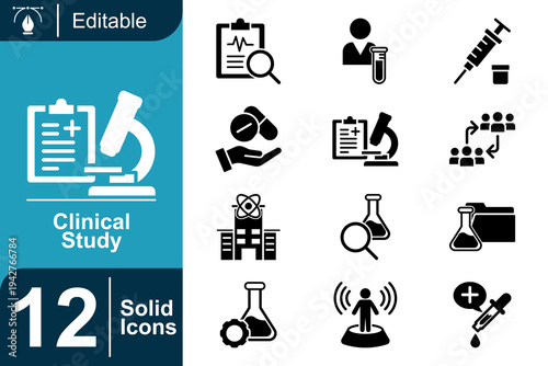 Clinical study icon set. Medical research laboratory, pharmaceutical experiment, clinical testing process, healthcare investigation, scientific medical study and more. Solid vector icons collection.