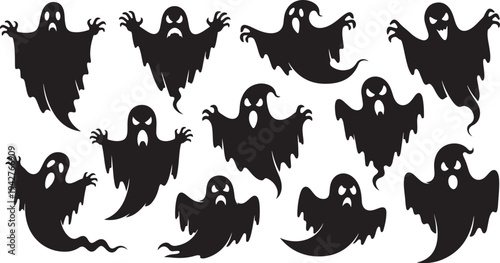 Spooky black ghost silhouettes on white background for Halloween
