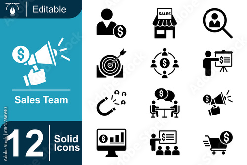 Sales team icon set. Business sales strategy, marketing promotion, team collaboration, customer communication, sales report analytics, product selling process and more. Solid vector icons collection.
