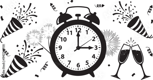 New Year's Eve Celebration with Alarm Clock and Fireworks