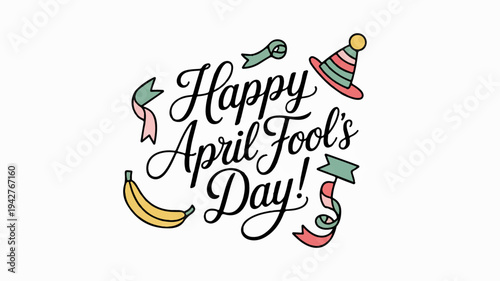 Colorful happy april fool's day celebration text with jester hat banana and party horn on white background