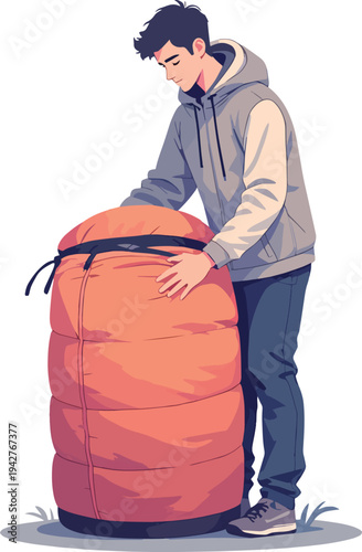 Illustrazione vettoriale di una persona che arrotola o sistema un sacco a pelo imbottito dopo il campeggio. Concetto di outdoor, viaggio, escursionismo, organizzazione dell’attrezzatura e vita nella n
