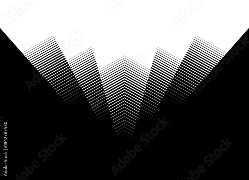 Transition from black to white Striped rays. Vector pattern. Symmetrical Design element from broken lines. Vector striped background with a triangle in the center for covers, advertising, packaging, i