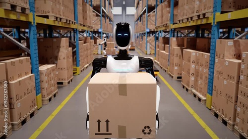 Wallpaper Mural AI-powered humanoid robot walking along aisle in automated distribution center carrying a cardboard box. Future of industrial warehouse automation and AI robotics. 3d animation rendering Torontodigital.ca