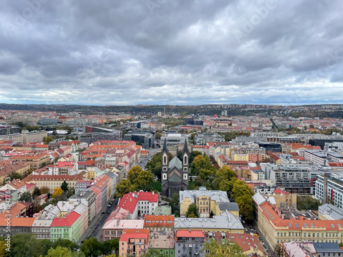 Aerial view of Karlin residential district in Prague on cloudy autumn day, Czech Republic, urban landscape and travel