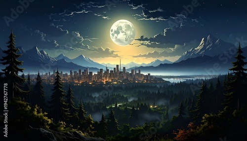 A serene nightscape showcasing a city skyline illuminated beneath a luminous full moon, embraced by mountains and verdant forest