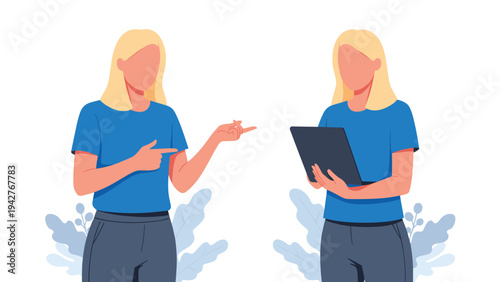 Two women in matching blue t-shirts shown in profile, with one pointing and the other looking at a handheld tablet device.