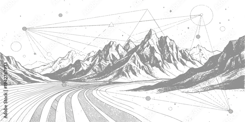 Fototapeta premium A surreal black and white landscape drawing with towering mountains and an abstract geometric pattern in the sky.