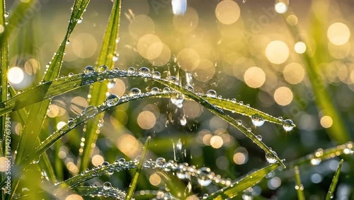 Wallpaper Mural Close-up of fresh green grass with morning dew drops and sparkling bokeh in a field. Torontodigital.ca