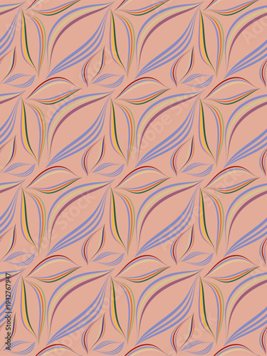 Green, red, yellow, orange smoothly curved lines on a peach background make up a vector seamless pattern.