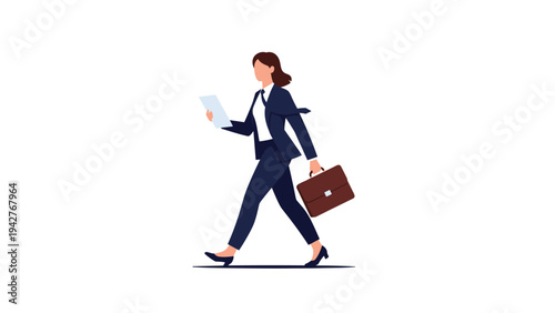 Confident businesswoman in a dark navy suit walking while carrying a brown briefcase and reading a white document paper.