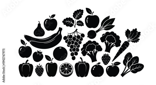 Black and white illustration of various fruits and vegetables arranged together