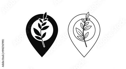 Two black and white leaf and location pin icons circular and teardrop