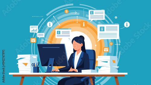 Concentrated office worker sitting at her desk with a computer surrounded by stacks of paper and floating business information icons.