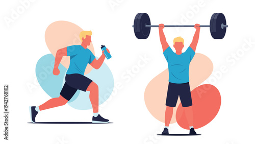 Illustration of a male athlete engaged in different fitness activities including running with a water bottle and lifting a heavy barbell.
