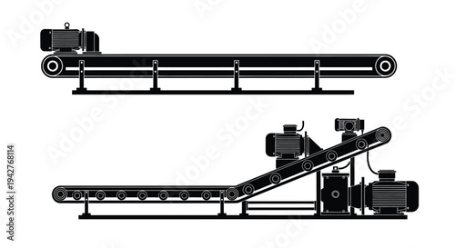 Industrial conveyor belt systems horizontal and inclined views in black and white