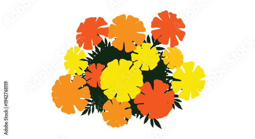 A vibrant cluster of orange and yellow marigold flowers on white