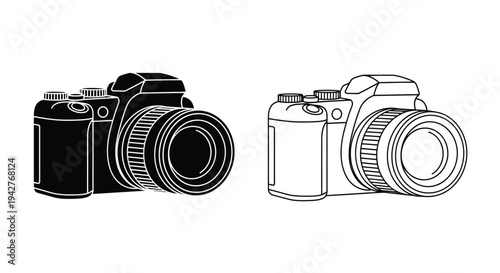 Two digital slr cameras in black and white line art illustration