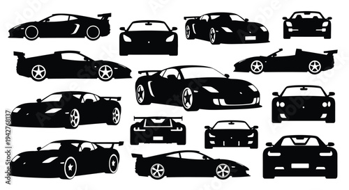 Collection of sleek black silhouette sports cars in various perspectives