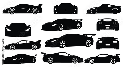 Silhouettes of various sports cars displayed in a unified arrangement