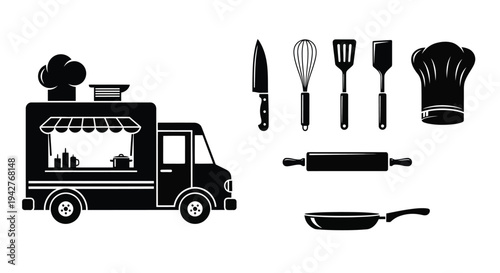 Black silhouette illustration of a food truck and various cooking utensils