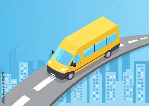 A passenger van travels along a road with a city in the background. Concept illustration of passenger transportation. Vector illustration.