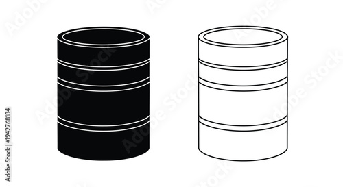 Two cylindrical containers one black one white with horizontal lines