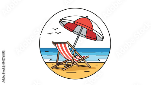 Relaxing beach vacation scene with a red and white striped umbrella and a matching lounge chair on the sand by the blue ocean.