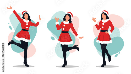 Three joyful women wearing festive red and white Santa Claus outfits are shown in different playful poses against a soft background.