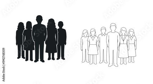 Black and white silhouettes of two family groups standing side by side