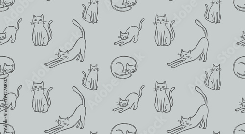 A seamless pattern of various cats in different poses on a gray background
