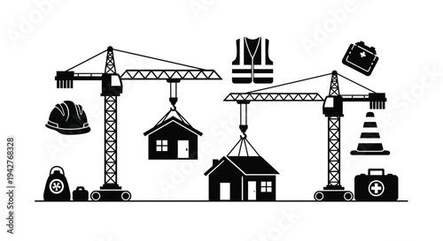 Construction equipment and building elements in a black and white illustration
