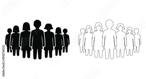 Two groups of silhouetted figures one black and one white standing closely