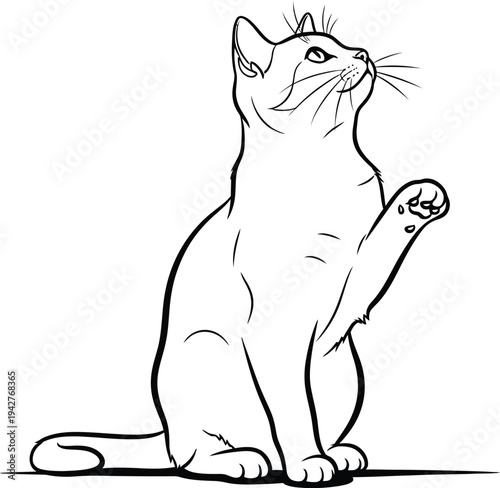 A black and white drawing of a cat sitting on its hind legs