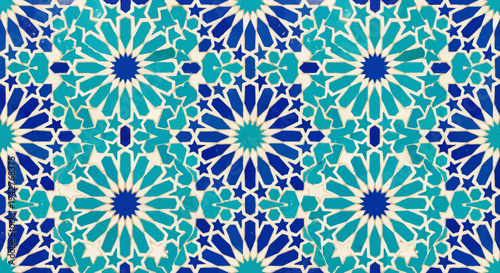 Vibrant floral pattern design with blue and teal flowers arrangement