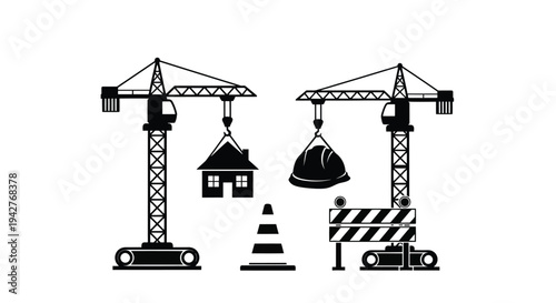 Construction scene featuring cranes a house and safety equipment in black