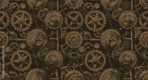 A steampunk-inspired pattern of intricate gear mechanisms creates a complex design.