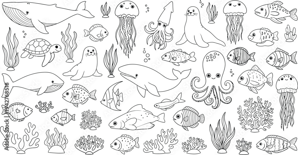 Obraz premium A collection of various sea creatures and marine life