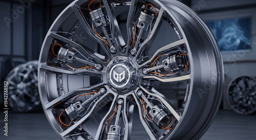Engine Pistons Integrated into Car Wheel Design, 3D Rendered Close-up
