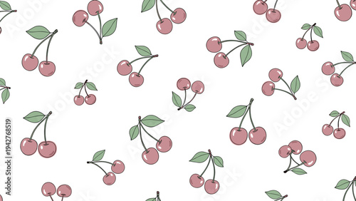 Beautiful seamless pattern featuring pairs of pink cherries with green leaves distributed evenly over a clean white background for decor.