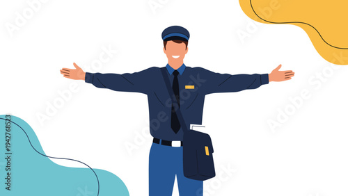 Friendly postman wearing a blue postal uniform and cap stands with his arms wide open next to colorful abstract shapes and lines.