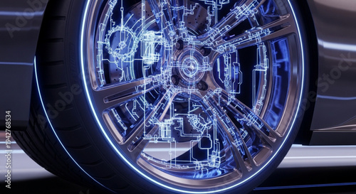 Futuristic Car Wheel Hologram with Blue Light Internal Structure