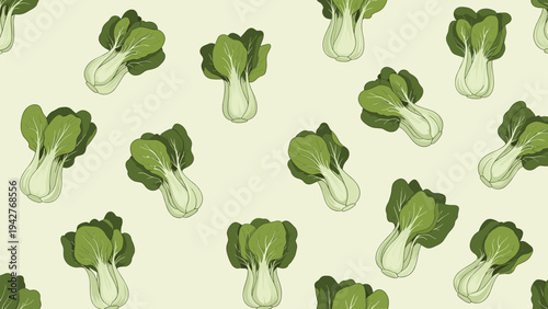 Fresh green bok choy vegetables are scattered in a seamless pattern design over a light neutral background for culinary themes.