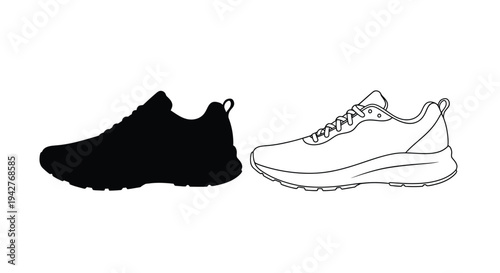 Black and white illustration of a running shoe side view shown twice