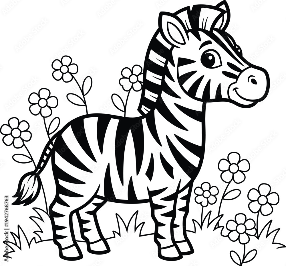 Obraz premium A black and white cartoon zebra standing in a field of flowers