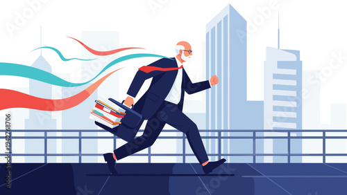 Mature businessman with a white beard runs through a city skyline while carrying a briefcase full of papers and colorful trails.