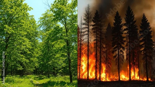 Earth day highlights contrast between green forest and burning trees emphasizing climate change